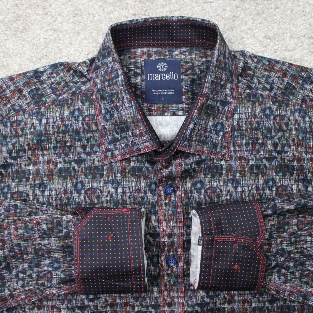 Marcello Shirt Men Large Grey/Blue/Orange Geometric Flip Cuff Long Sleeve Cotton